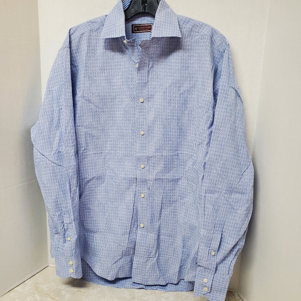 Patrick James Men's L/S Button Up Shirt Blue White Sz Large 100% Cotton